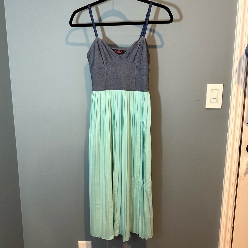 Y2K Motel Rocks Faux Denim Fabric Corset, Blue Pleated Fabric Sleeveless Dress